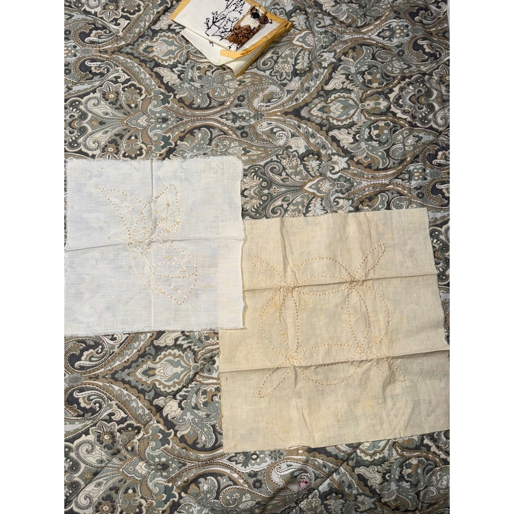 Antique Candlewick‎ Embroidery Linen Fabric Squares Butterfly Geometric 2pc Set